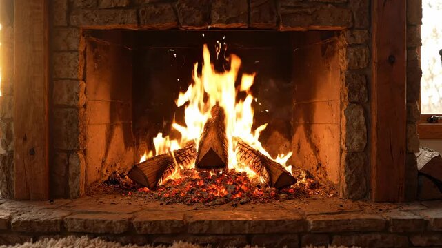Cozy stone fireplace with a warm, roaring fire and glowing embers, crackling logs, sparks flying, ideal for winter ambiance or home decor