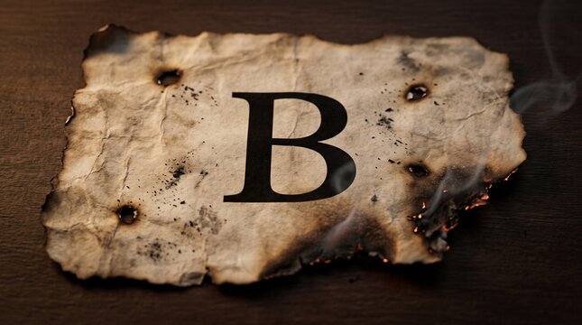 A solitary letter 'B' etched onto a tattered, ancient piece of paper, its edges charred and smoldering, evoking a sense of forgotten history and enigmatic origins