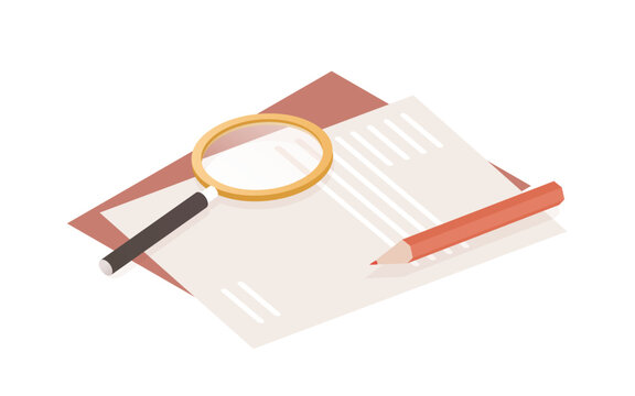 Paper document, magnifying glass and pencil. Magnifier, lens and report. Research, scrutiny and information search, business data review concept. Flat vector illustration isolated on white background