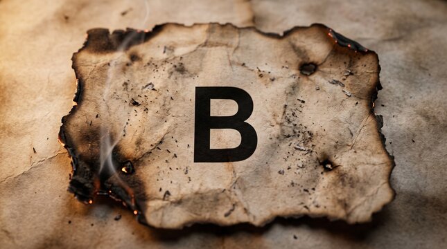 Letter B printed on a piece of burnt and smoking antique parchment paper with textured edges