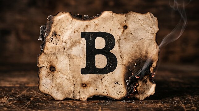Capital letter B printed on vintage burnt paper edge with smoke against rustic wooden background