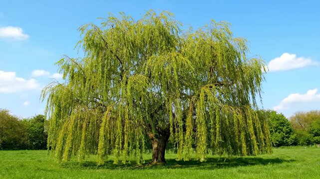 Landscape materials of weeping willows in the grassland, spring breeze blowing on the green grass of willows