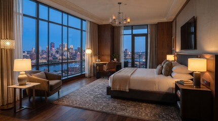Fototapeta premium Luxury hotel room with elegant king size bed sophisticated furniture and floor to ceiling windows