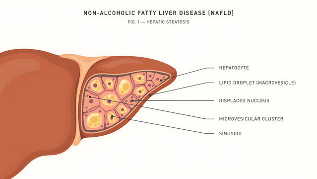 Medical illustration of non-alcoholic fatty liver disease with labeled anatomy