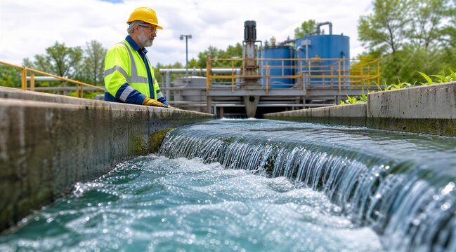 Engineer inspecting water flow at treatment plant