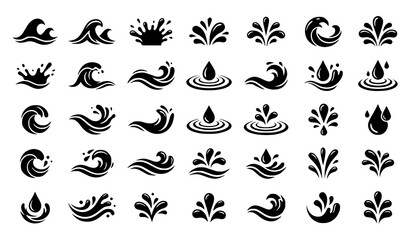 Obraz premium Set of black water splash icons and wave symbols isolated on a white background for graphic design