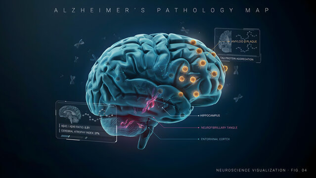 Medical visualization of Alzheimer pathology map showing brain degeneration