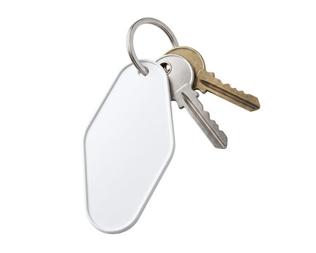Blank motel keychain with metal keys. Isolated vintage hotel tag for custom branding design.