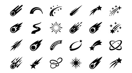 Set of black and white vector icons featuring various comets shooting stars and celestial space elements © Nurnobi