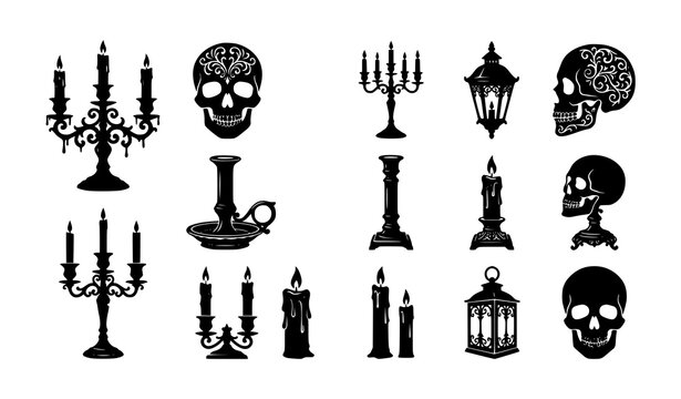 Set of black silhouettes featuring skulls candles candelabras and vintage lanterns for gothic or halloween themed design projects