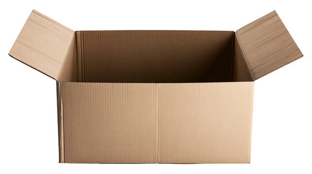 Open brown corrugated cardboard box with flaps extended, isolated on transparent background