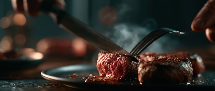 Indulgent closeup of a perfectly seared steak being sliced, steam rising from tender medium rare beef on a dark plate. Ideal for restaurant menus, steakhouse branding, and luxury food.