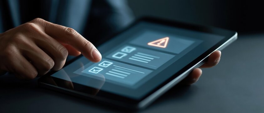 Urgent decision making concept professional tapping a digital checklist on tablet while a glowing orange warning triangle signals risk. Perfect for cybersecurity, compliance, audit, and.