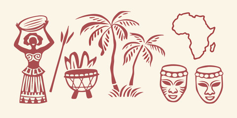 African Culture Elements Vector Illustration With Red Brown Tones © Savankar