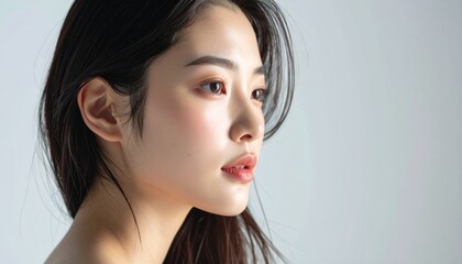 Fototapeta premium 透明感あふれる美容と明るく健康的な肌 / Japanese Young Woman Porcelain Skin — Luminous Whitening Glow, Flawless Translucent Complexion, Natural Makeup, Skin Brightening Beauty Commercial, Ultra-Realistic Cinematic, Half
