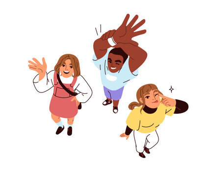 Top down view, happy people looking up. Smiling excited friends, man and women group greeting with hand gesture, waving, from above, overhead. Flat vector illustration isolated on white background