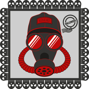 Halloween Postmark design. Vector illustration of scarry biohazard dangerous gas mask with Postmark Frame and Postage Stamp. Perfect for Halloween mail decor. EPS 10
