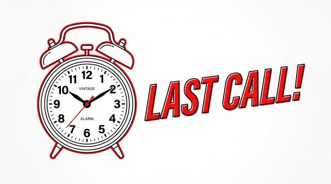 Last call deadline alarm clock ringing urgent reminder. Retro red timepiece signaling final notice for business or personal tasks.