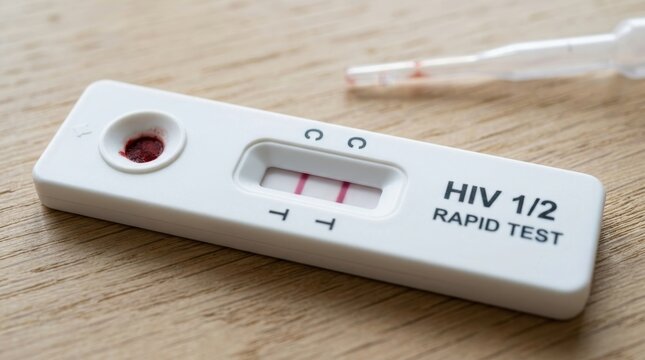 Medical HIV rapid test cassette with two red lines indicating a positive result on wooden table background. Professional blood screening kit for human immunodeficiency virus diagnosis and awareness. .