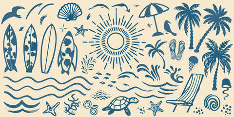 Coastal Elements Vector Illustration With Surfboards Seashells And Palm Trees © Savankar