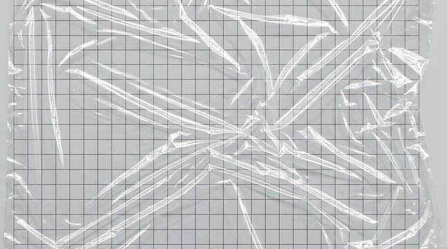 Wrinkled transparent plastic wrap texture over a grid