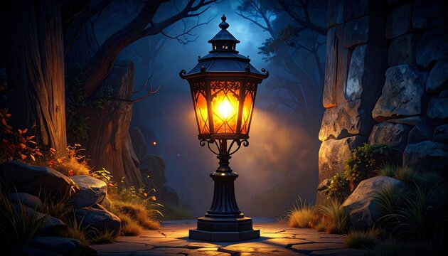 Ancient stone lantern with warm glowing light in dark forest.