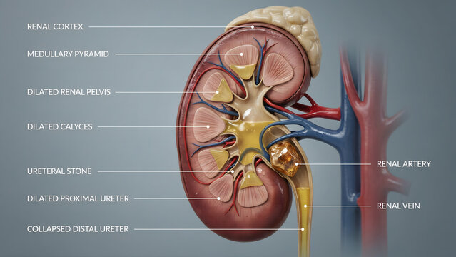 Medical illustration of a human kidney affected by a ureteral stone obstruction