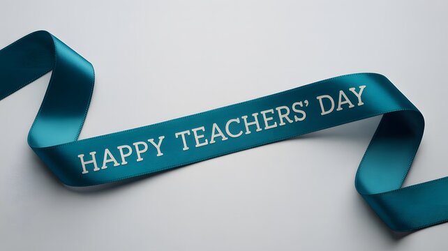 A teal fabric ribbon with white text reading happy teacher day laid on a white background