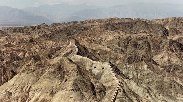 Ancient Chinese Great Wall Watchtower and Fortification on Rugged Mountains in Gansu Province, Northwest China