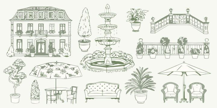 Garden Elements And Architectural Features Green Vector Illustration