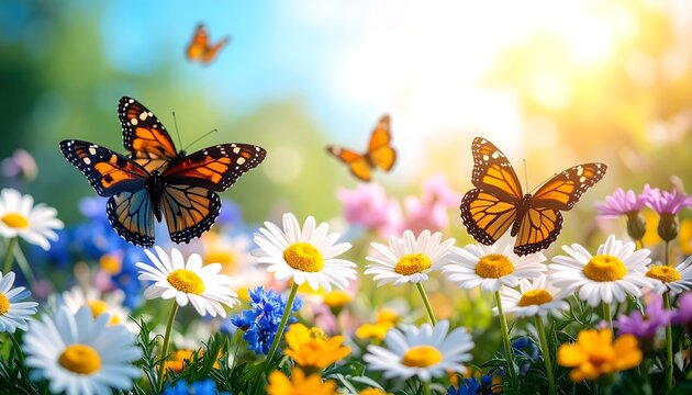 Monarch butterflies feeding on colorful wildflowers in meadow.
