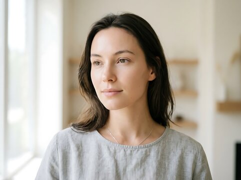 Young woman in casual sweater indoors smiling softly.