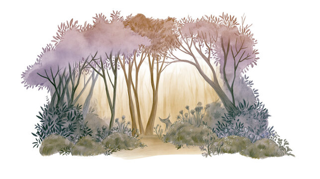 Whimsical watercolor forest scene with a deer and path, isolated on transparent background