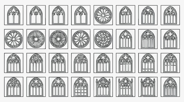 Corporate Gothic Architecture Window and Rose Design Collection in Monochrome Line Art for Presentations Reports and Branding