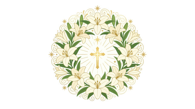 Elegant Easter Lily Wreath with Golden Cross and Sacred Light Rays