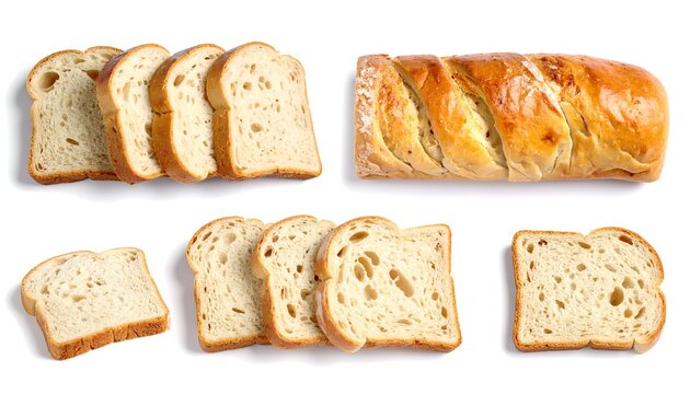 Assortment of sliced and whole bread loaves on white background.