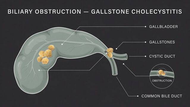 Medical illustration of gallbladder showing stone formation and bile duct blockage