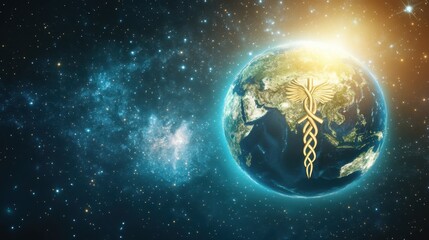 Obraz premium Earth Globe with Medical Caduceus Symbol in Space