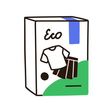 Eco laundry powder box for clothes cleaning, washing, care. Cardboard packaging with detergent. Domestic chemical for textile hygiene. Flat vector illustration isolated on white background