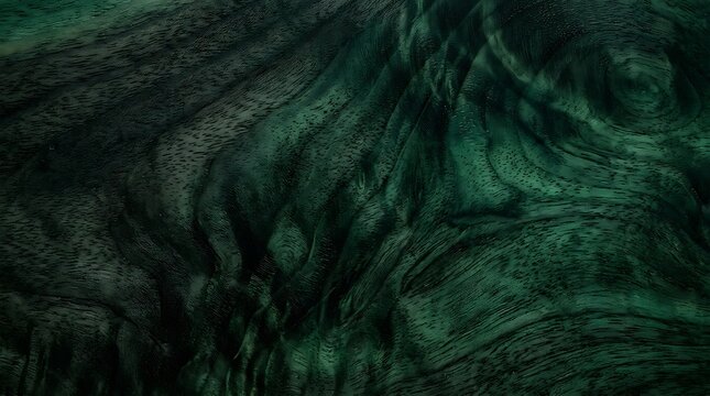 Dark underwater cave with green light rays.