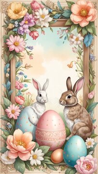 Vintage Easter greeting card with spring flowers and bunnies.