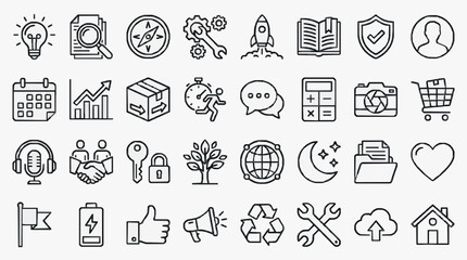 Fototapeta premium Creative Black and White Line Icons Set Featuring 40 Unique Minimalist Symbols for Web App and Presentation Design