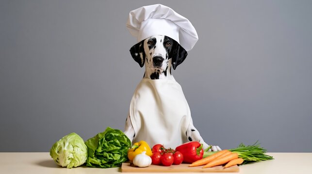Dalmatian dog working as a professional chef, preparing healthy food with fresh vegetables on a cutting board, cooking concept