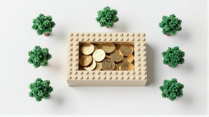 Fototapeta premium Lego box filled with gold coins, surrounded by green tree models on white surface.