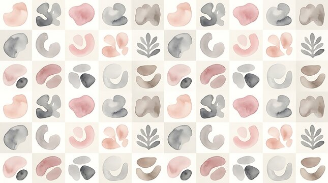 Colorful abstract pattern with floral and geometric designs in pink and white.