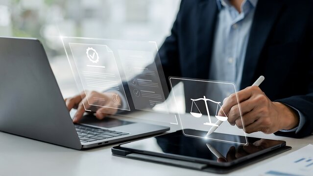 Legal technology concept: a lawyer or paralegal working on a laptop with legal icons hovering in the air, representing digital law and justice