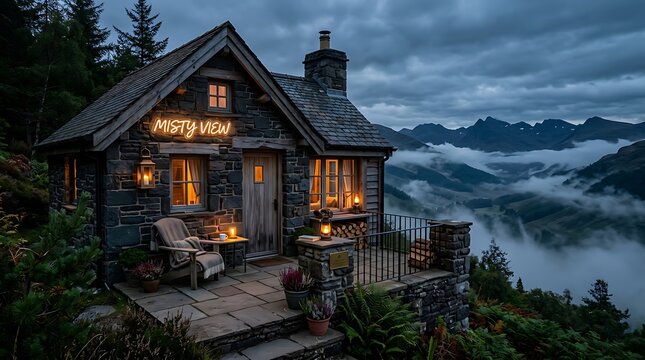 Cozy log cabin retreat with warm glowing windows in snowy forest.