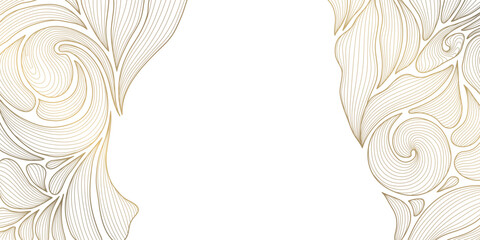 Fototapeta premium Luxury botanical pattern with golden line leaves, flowers, tropical foliage, art deco. Abstract vector illustration organic botanical texture, ornament, packaging, greeting, posters, banners, tea