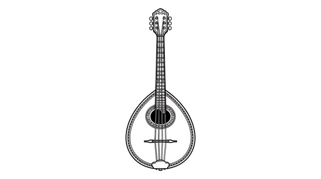 Minimalist black and white line art illustration of a traditional stringed musical bouzouki