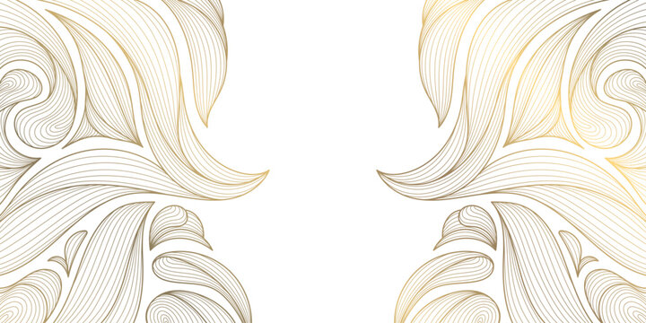 Luxury botanical pattern with golden line leaves, flowers, tropical foliage, art deco. Abstract vector illustration organic botanical texture, ornament, packaging, greeting, posters, banners, tea